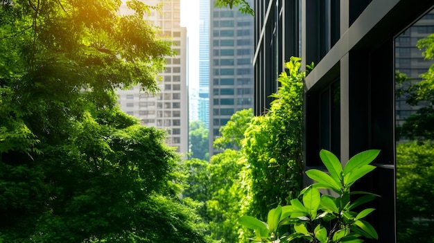 Photo a modern office building with a green wall and lush trees in the foreground symbolizing sustai