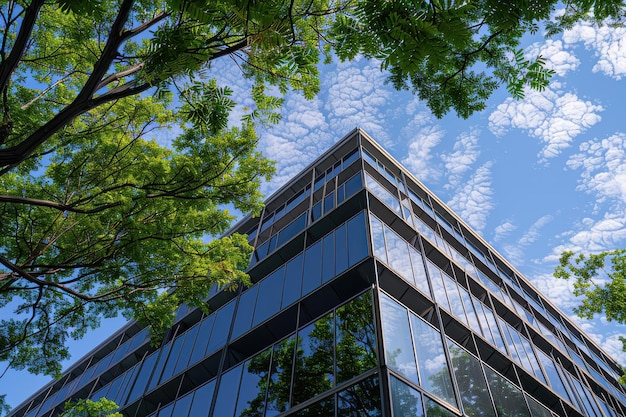 A modern office building with large windows reflects a blue sky and green trees