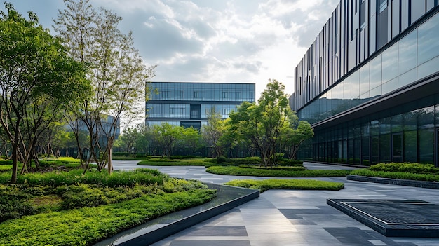 Modern Office Building with Lush Greenery and Landscaping