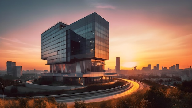 A modern office building with a sunset in the background