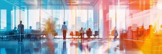 Modern Office Building With Vibrant Colors And Silhouettes Of People Working This image portr