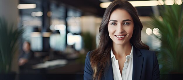 Modern office businesswoman with room for copy smiling