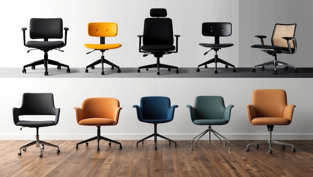 Photo modern office chairs arranged in a workspace setting showcasing various designs