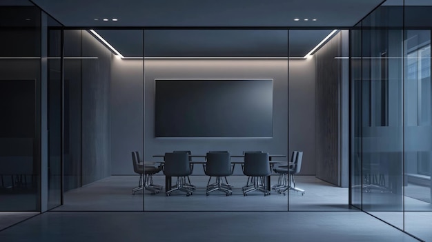 Modern Office Conference Room with Glass Walls and a Black Screen