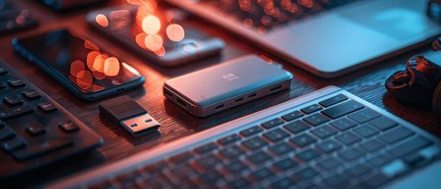 A modern office desk setup featuring a keyboard USB drive smartphones and a laptop highlighting tech and connectivity