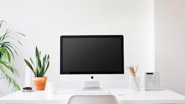 Modern office desk setup with computer and stationery concept of an organized and productive