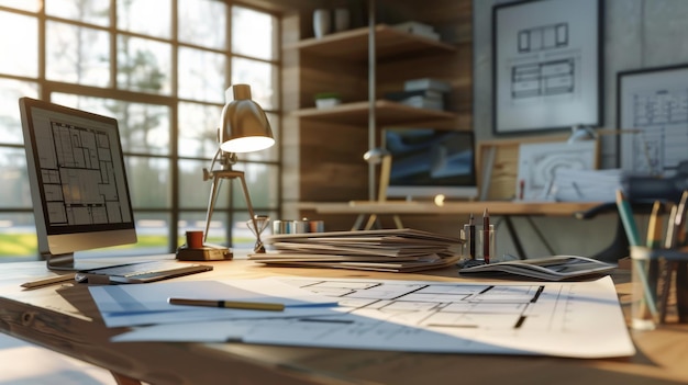 Modern Office Desk With Architectural Blueprints and Sunlight