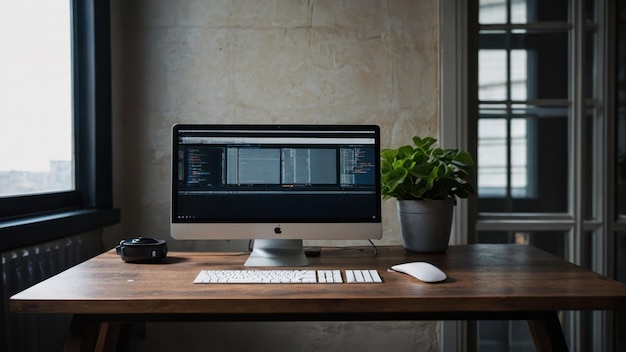 Modern office desk with computer displaying world map