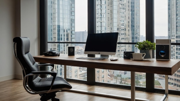 Modern office desk with computer displaying world map