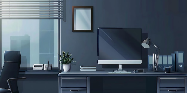 Modern Office Desk with Computer Lamp and Plant Illustration