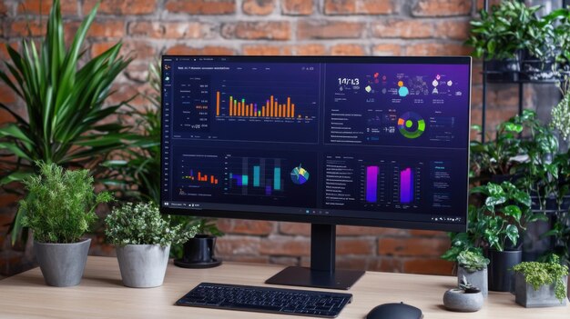 Photo modern office desk with computer monitor displaying data analytics charts and graphs