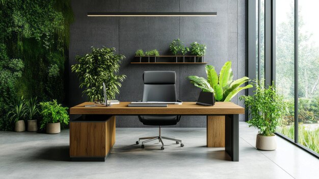 Modern Office Desk with Green Plants and Wooden Accents Stylish Workspace Inspiration