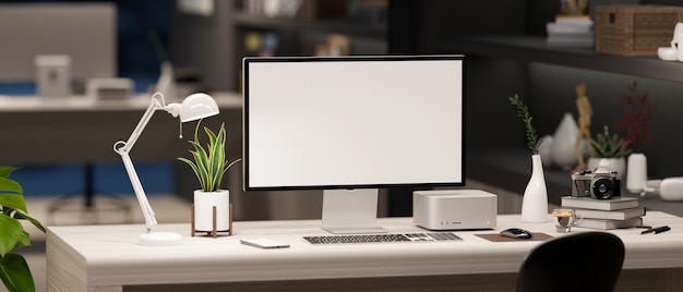 Modern office desk with pc computer blank screen mockup office supplies and decor on white table