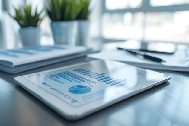 Modern Office Desk With Tablet Displaying Financial Data