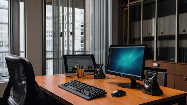 Modern office desk with technological setup overlooking city