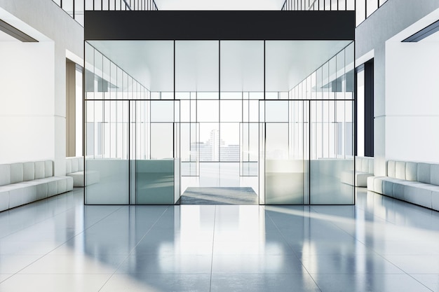 Photo modern office foyer with glass walls and city view 3d rendering