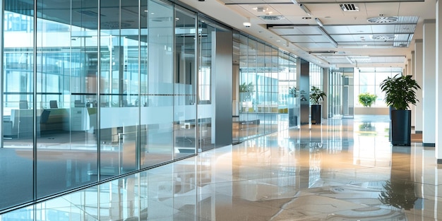 Photo modern office hallway with glass walls and potted plant in window empty workspace interior design concept