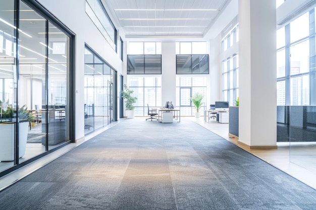 Modern Office Hallway with Glass Walls and Windows