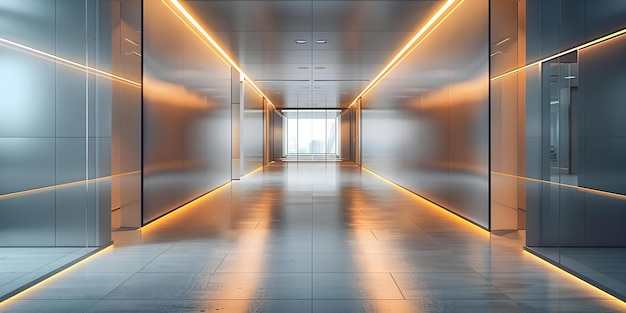 Modern Office Hallway with Illuminated Wall Displaying 3D Design Mockup Concept Interior Design Modern Office Hallway Decor 3D Design Illuminated Wall