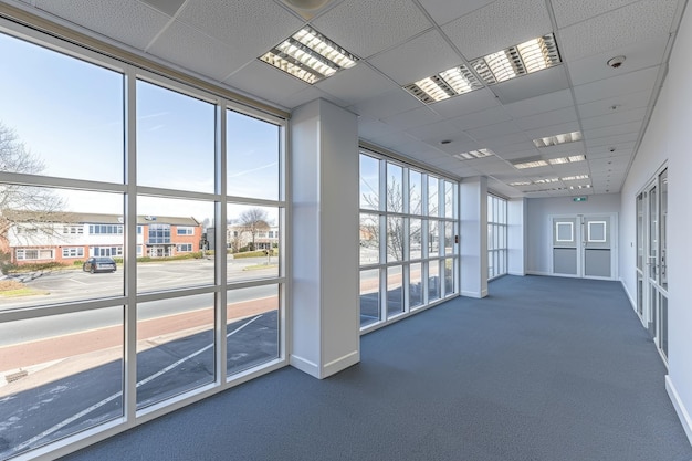 Photo modern office hallway with large windows and grey carpet