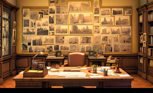 A modern office has a wooden desk office chairs and framed pictures