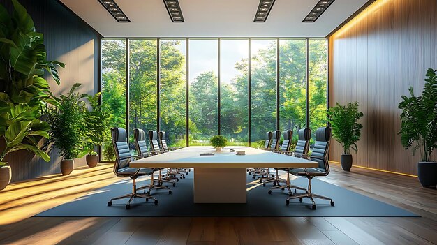 Modern Office Illustration Spacious Conference Room with Lush Green View