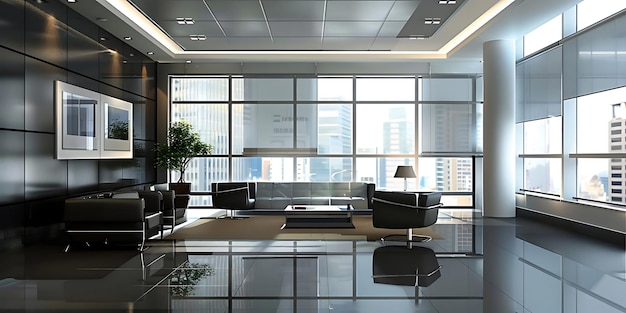 Modern Office Interior Design with City View 3D Illustration