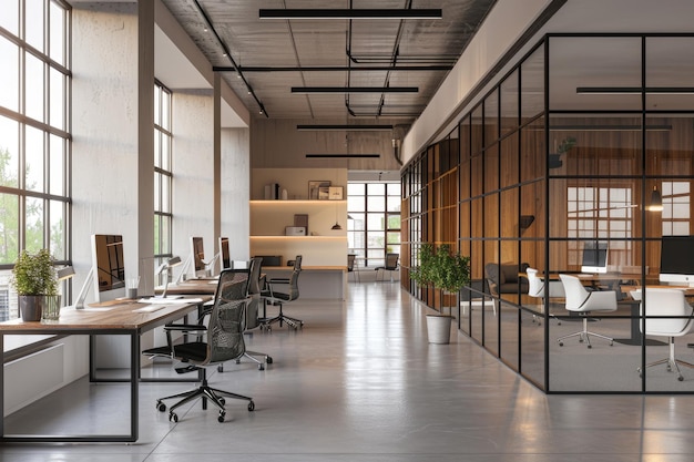 Modern Office Interior Design with Glass Partitions and Wooden Accents