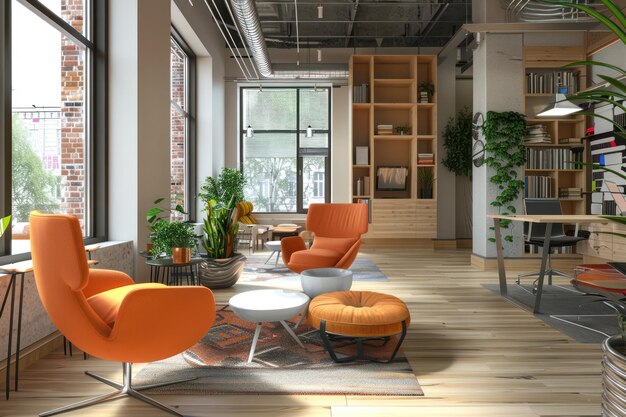 Photo modern office interior design with orange armchairs and bookshelves