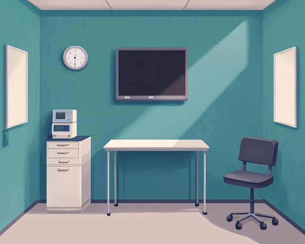 Photo a modern office interior featuring a desk chair clock and television on teal walls perfect for works