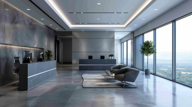 Modern office interior featuring panoramic views and designed