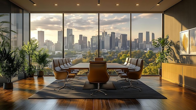 Modern Office Interior Illustration Conference Room with a View of City Skyline at Sunset