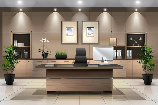 Modern Office Interior Illustration with Desk Computer and Plants