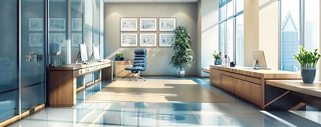 Modern Office Interior Illustration with Sunlight and a View