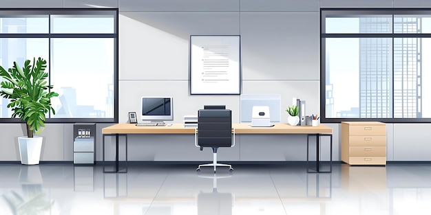 Modern Office Interior Illustration with Windows and Desk