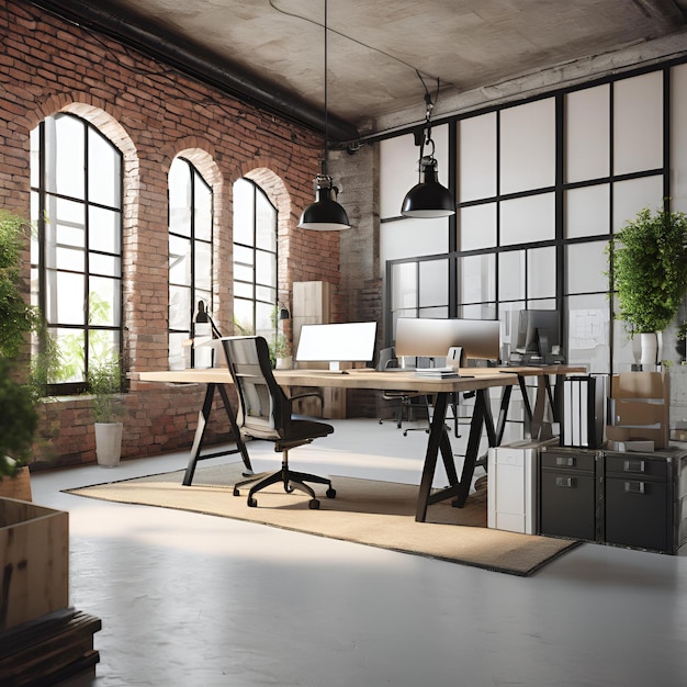 Photo modern office interior in loft industrial style 3d render