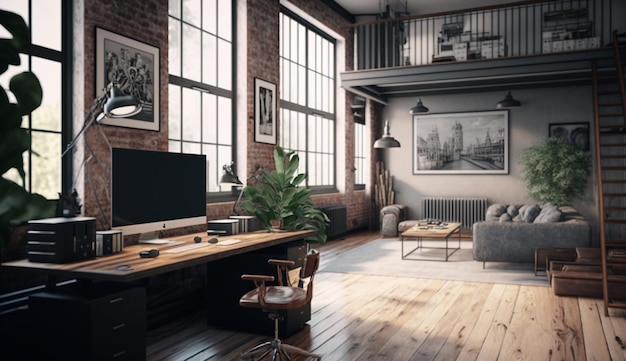 Modern office interior in loft industrial style Generative AI