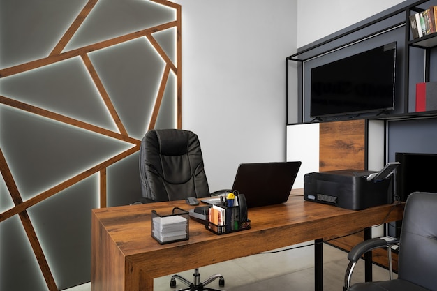 Modern office interior with big wooden table