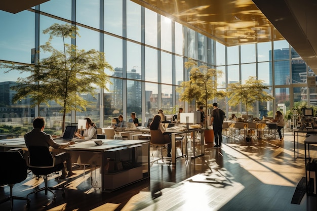 Modern office interior with busy business people walking around Generative AI