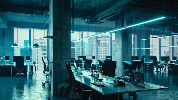 Modern Office Interior with City Skyline