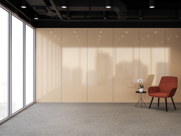 modern office interior with city view 3d render gray carpeted floorsempty orange gold glossy wall