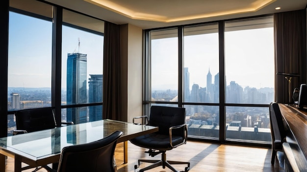 Modern office interior with cityscape view during golden hour