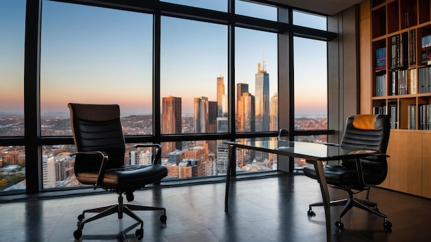 Modern office interior with cityscape view during golden hour