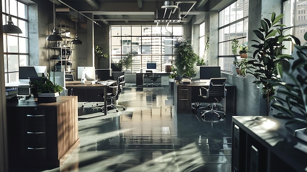 Modern office interior with computers and plants