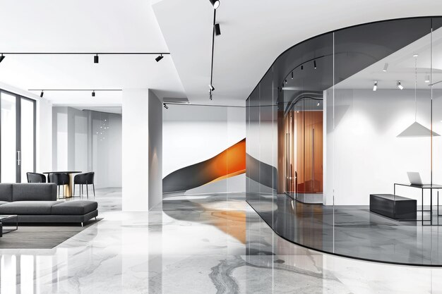 Photo modern office interior with curved glass wall and marble floor