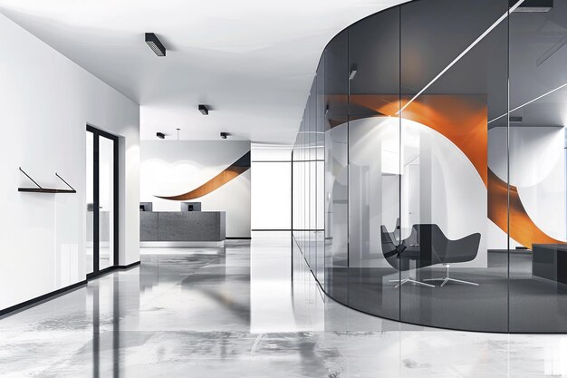 A modern office interior with a curved glass wall and orange accents