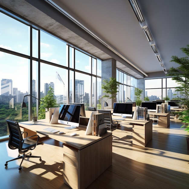 Modern office interior with desks computers and windows