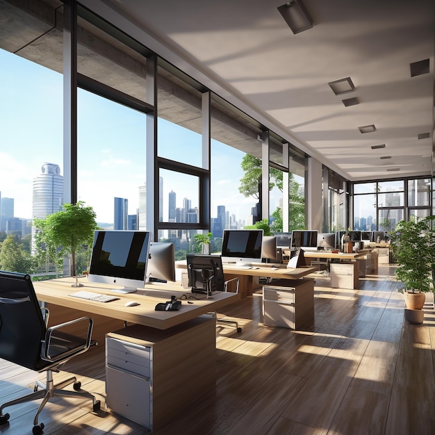 Modern office interior with desks computers and windows