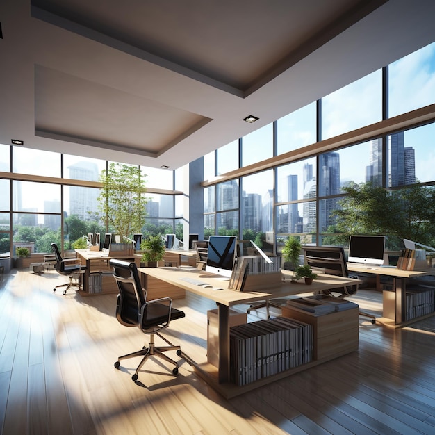 Modern office interior with desks computers and windows