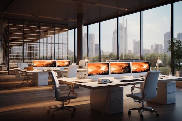 Modern office interior with desks computers